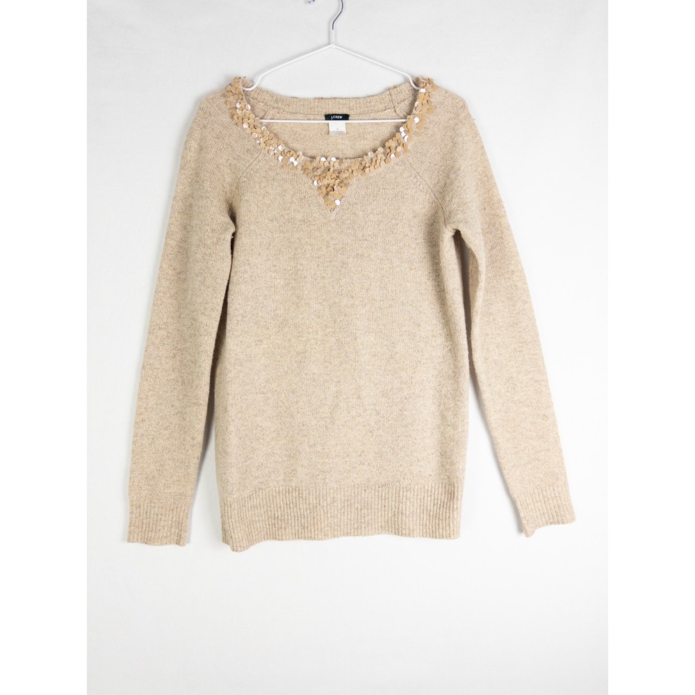 VTG J Crew Embellished Sweater Womens S Brown Pullover 100% Lambswool Pullover‎